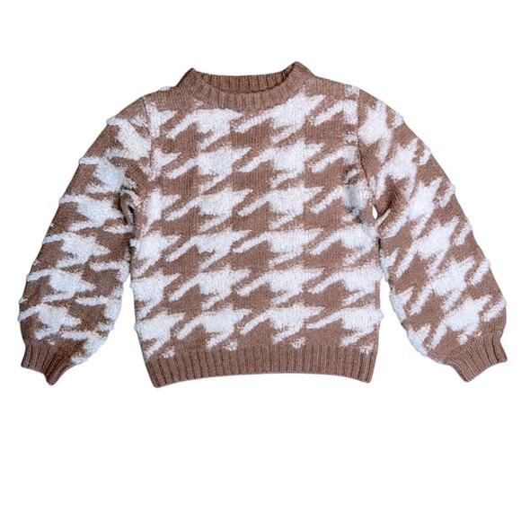 NWT LINE AND DOT Women’s Houndstooth Plush Sweater in Toffee and Ivory - Picture 2 of 10